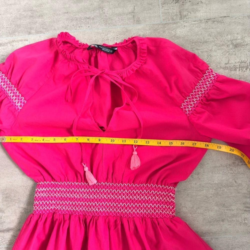 Zara Fuchsia Smocked Poplin Dress Contrast Embroidered Trim Pink Barbie Size XS - Picture 12 of 15